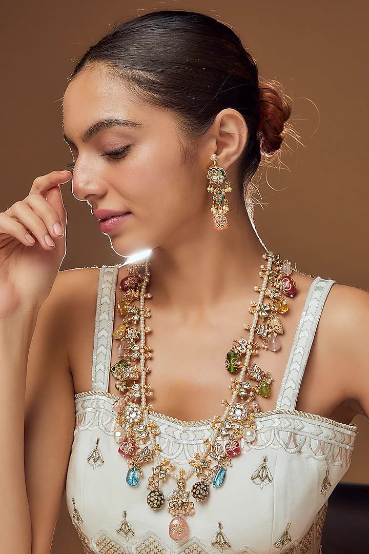 Gold Finish Multi-Colored Stone Long Necklace Set