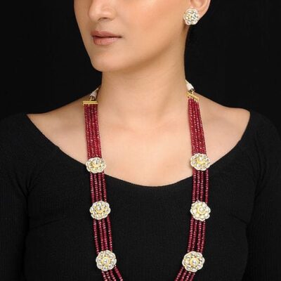 Gold Plated Long Kundan Onyx Necklace Set