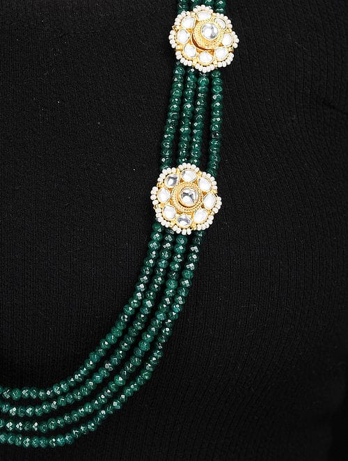Gold Plated Long Kundan Onyx Necklace Set - Image 2