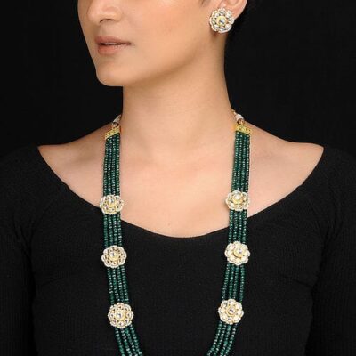 Gold Plated Long Kundan Onyx Necklace Set