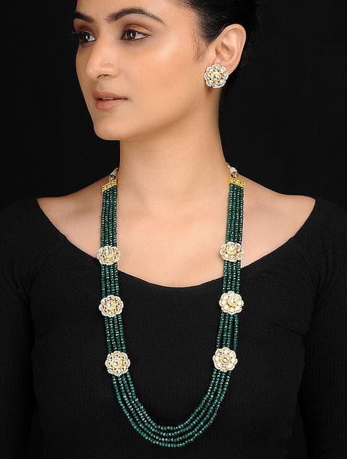 Gold Plated Long Kundan Onyx Necklace Set