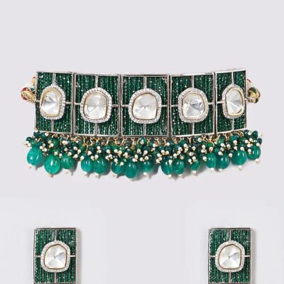 Gold Finish Kundan Polki & Green Stone Choker Necklace Set