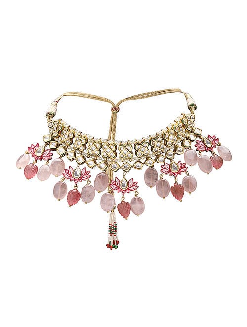 Kundan Choker Necklace with Floral Meena Kundan and Peach Beads - Image 3