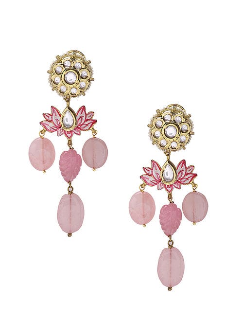 Kundan Choker Necklace with Floral Meena Kundan and Peach Beads - Image 4