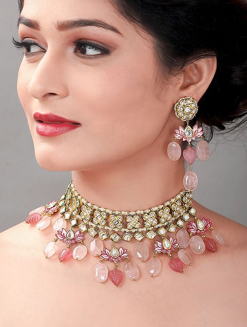 Kundan Choker Necklace with Floral Meena Kundan and Peach Beads - Image 2