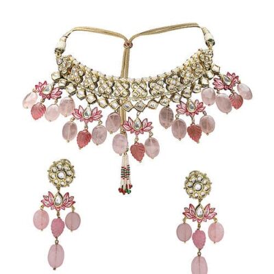 Kundan Choker Necklace with Floral Meena Kundan and Peach Beads