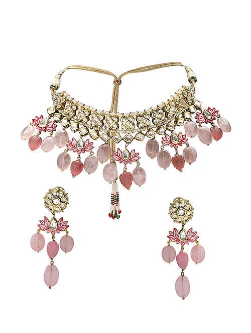 Kundan Choker Necklace with Floral Meena Kundan and Peach Beads