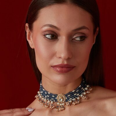 Gold Finish Uncut Kundan Polki & Blue Stone Choker Necklace
