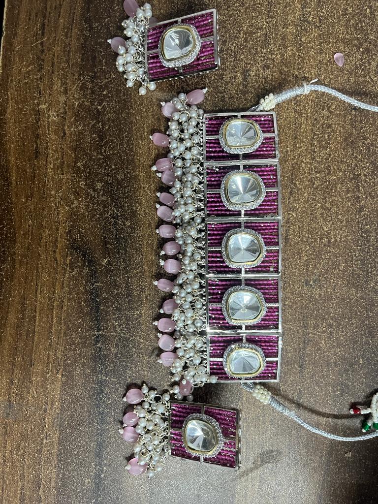 Polki Kundan choker Nacklace With Earrings - Image 2