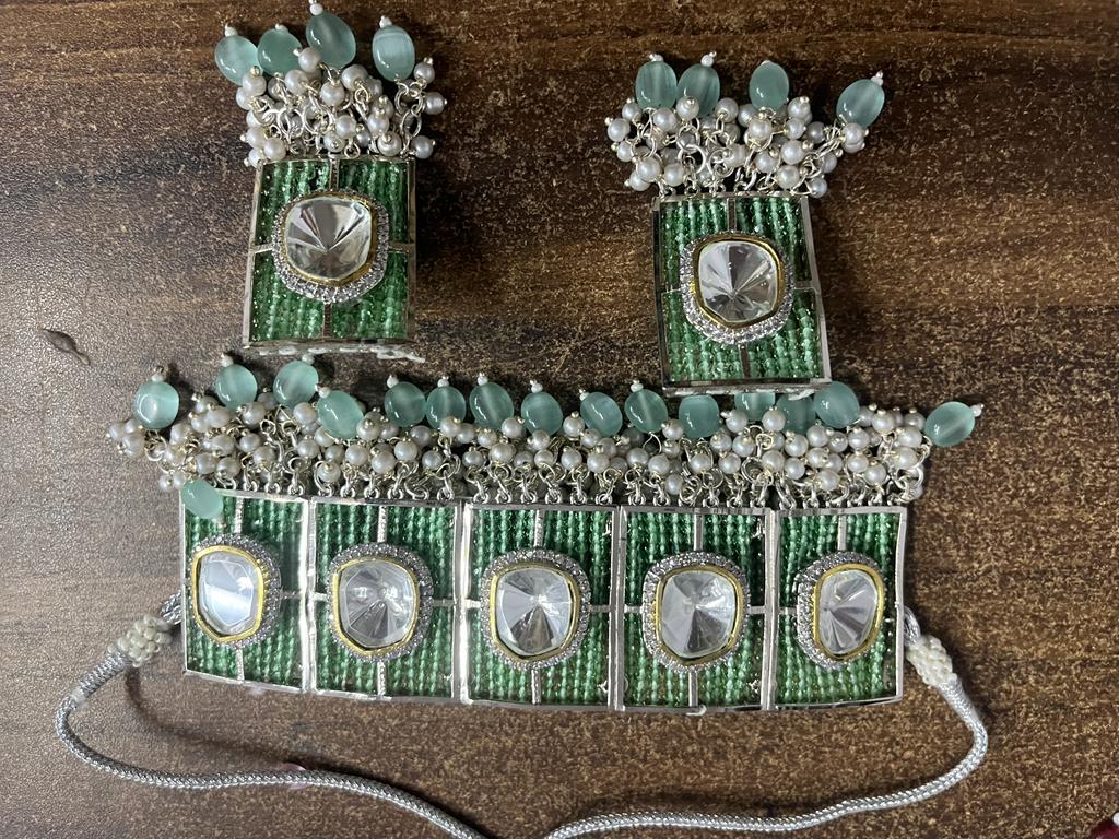 Polki Kundan choker Nacklace With Earrings - Image 2