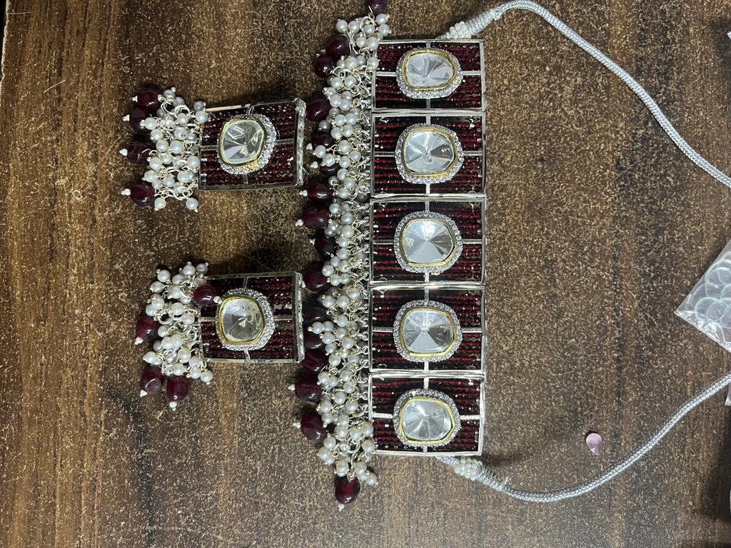 Polki Kundan choker Nacklace With Earrings - Image 2