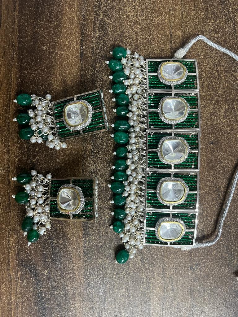 Polki Kundan choker Nacklace With Earrings - Image 3