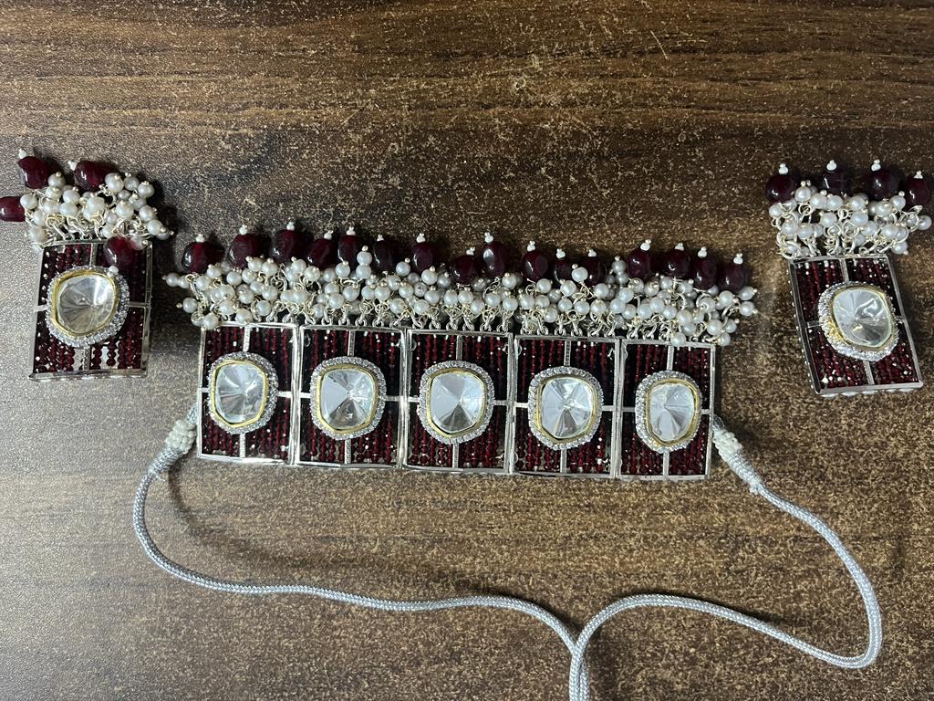 Polki Kundan choker Nacklace With Earrings - Image 3