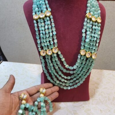 Pearls Multistrand Beaded Long Stones Necklace Earring Set