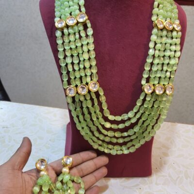 Pearls Multistrand Beaded Long Stones Necklace Earring Set