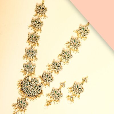 Green Beads Kundan Gold Plated Jewellery Set