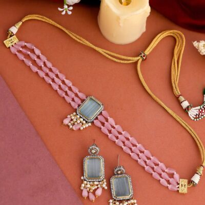 Womens Gold Plated Green Stone Designer Necklace Set