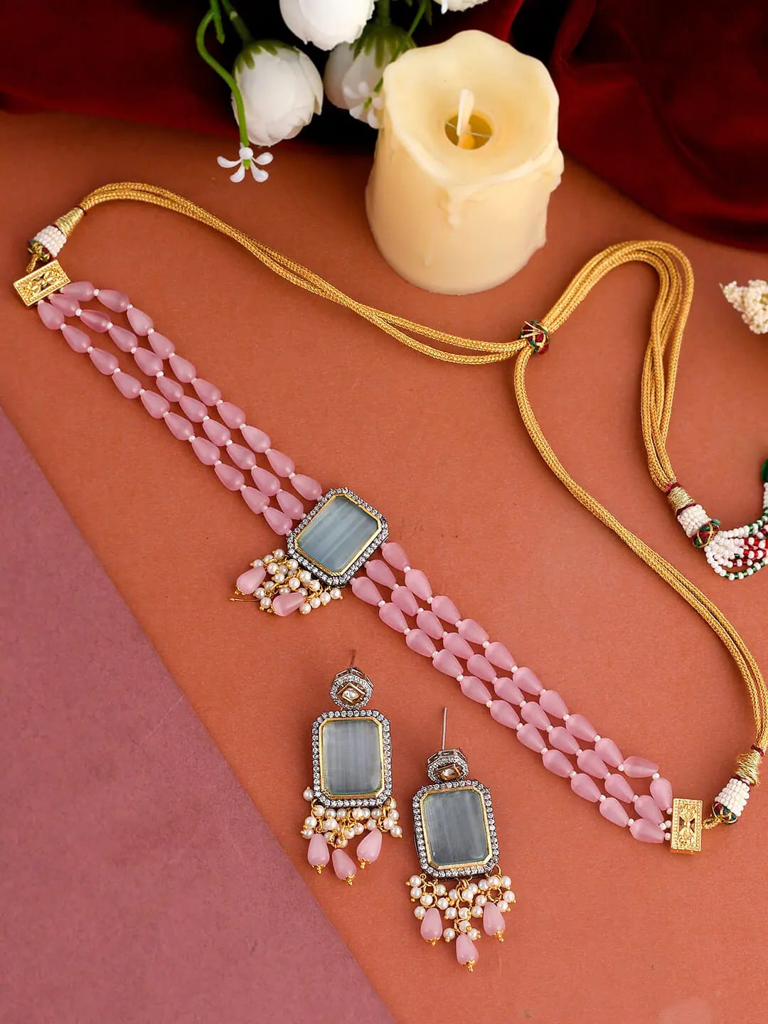 Womens Gold Plated Green Stone Designer Necklace Set