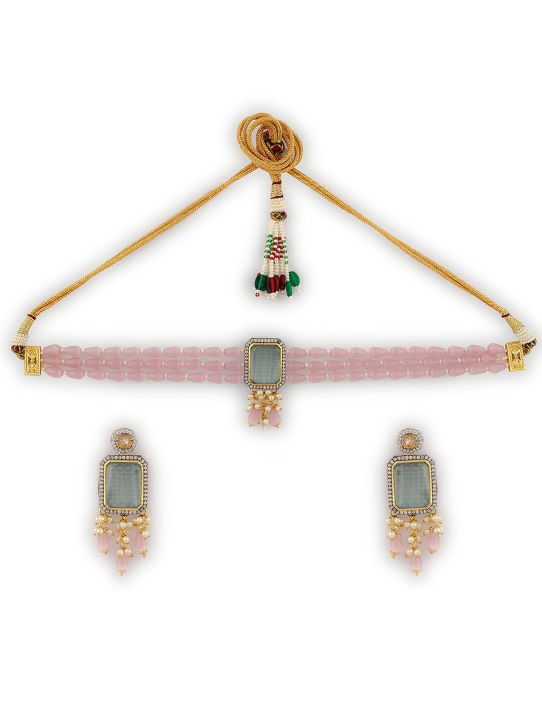 Womens Gold Plated Green Stone Designer Necklace Set - Image 3