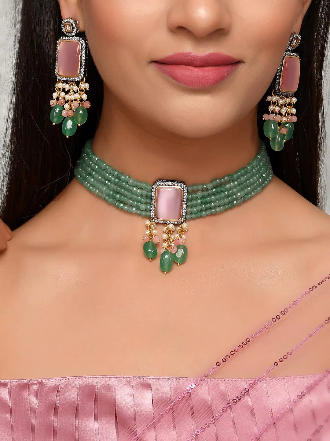 Womens Gold Plated Pink Stone Designer Necklace Set - Image 2