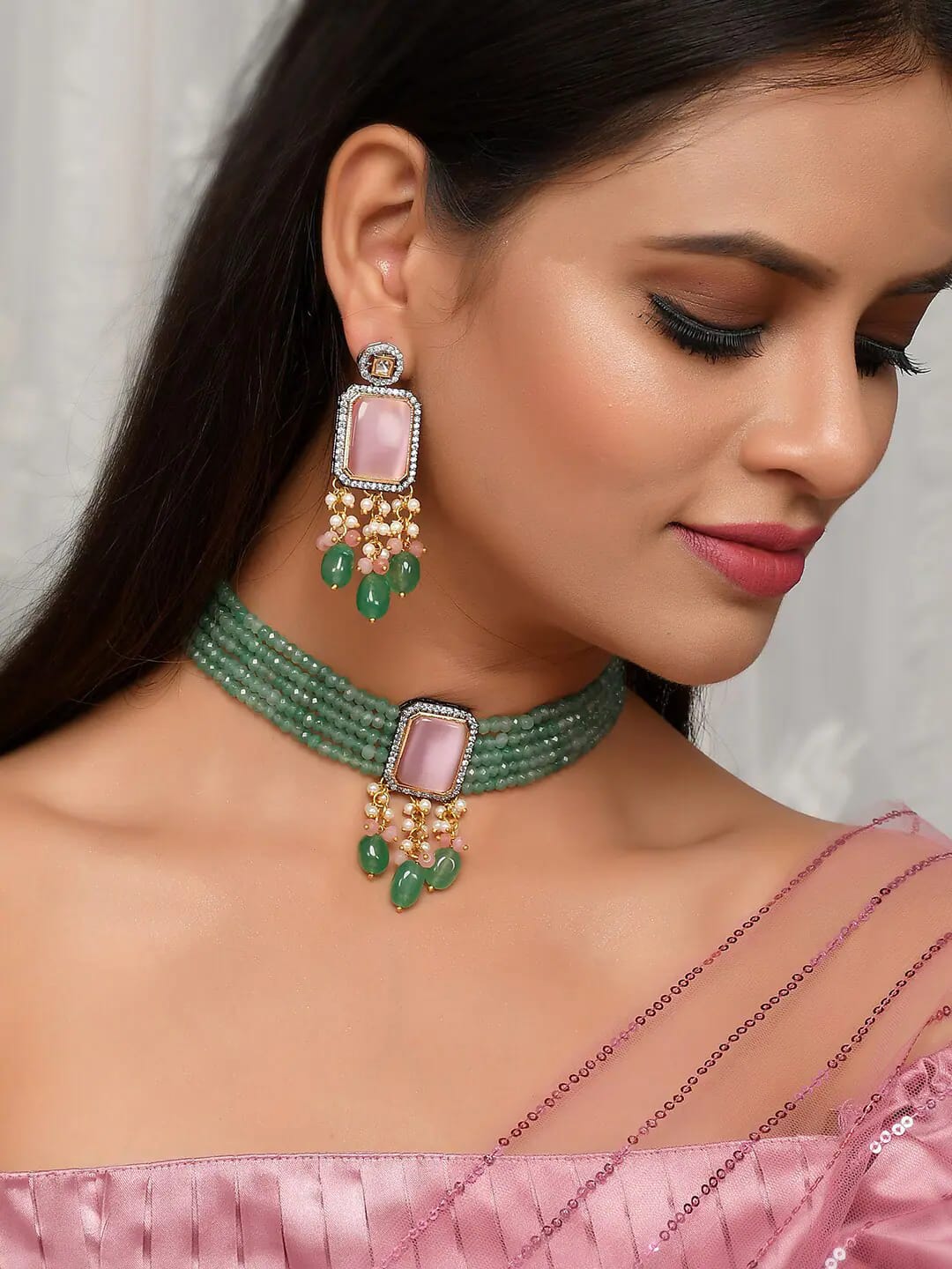 Womens Gold Plated Pink Stone Designer Necklace Set - Image 3