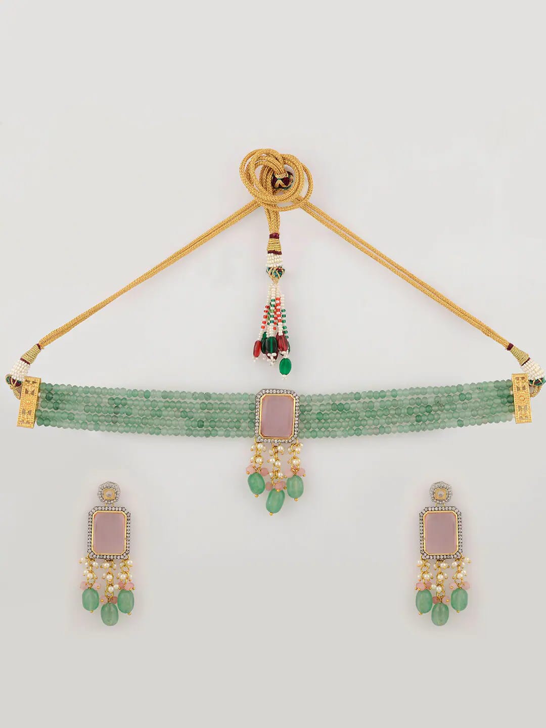 Womens Gold Plated Pink Stone Designer Necklace Set - Image 5