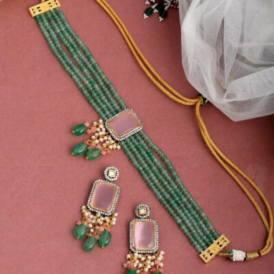 Womens Gold Plated Pink Stone Designer Necklace Set