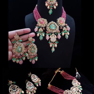 Womens Gold Plated Green & Pink Stone Designer Necklace Set