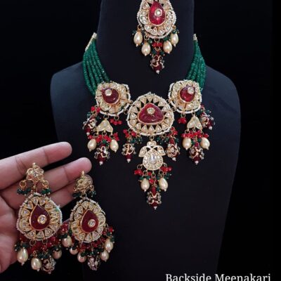 Womens Gold Plated Red Stone Designer Necklace Set