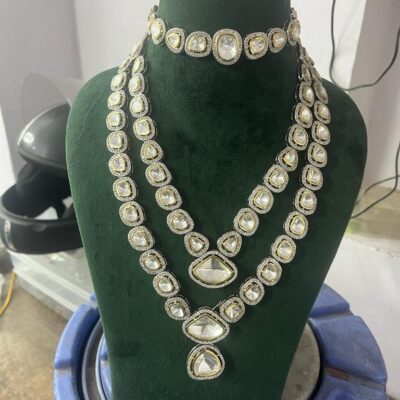 Silver Tone Long Ad Polki Jewellery Set