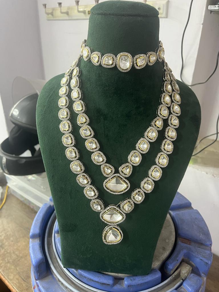 Silver Tone Long Ad Polki Jewellery Set