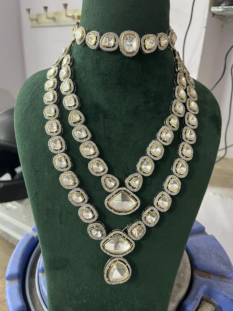 Silver Tone Long Ad Polki Jewellery Set - Image 2