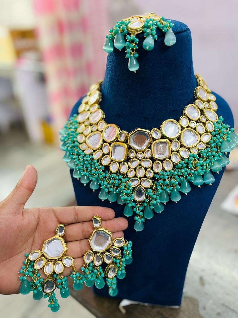 Gold Plated Bridal Jewellery Set With Earrings & Maangtika