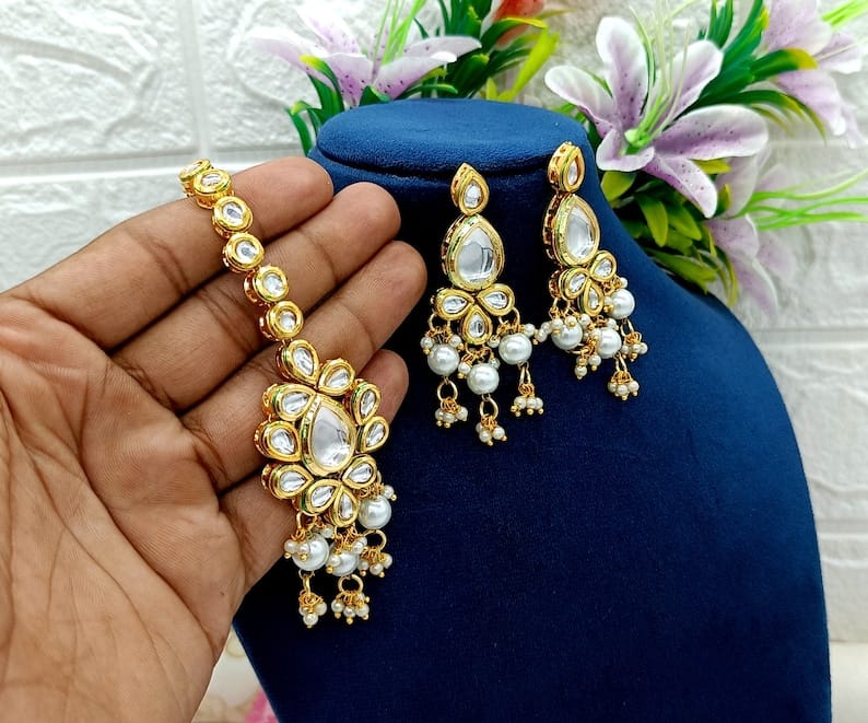 Gold Plated Bride Kundan Necklace Set - Image 6