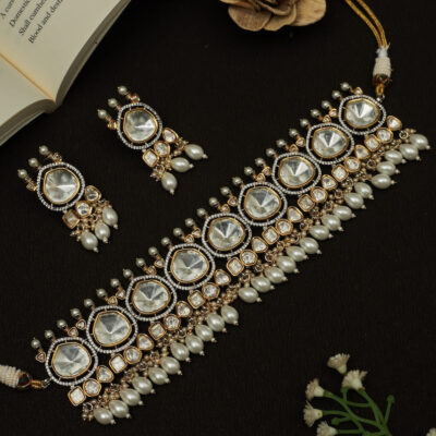 Premium Sabyasachi & Tyaani Inspired silver foil Kundan with White beads Adjustable Choker Necklace Set (With earrings)