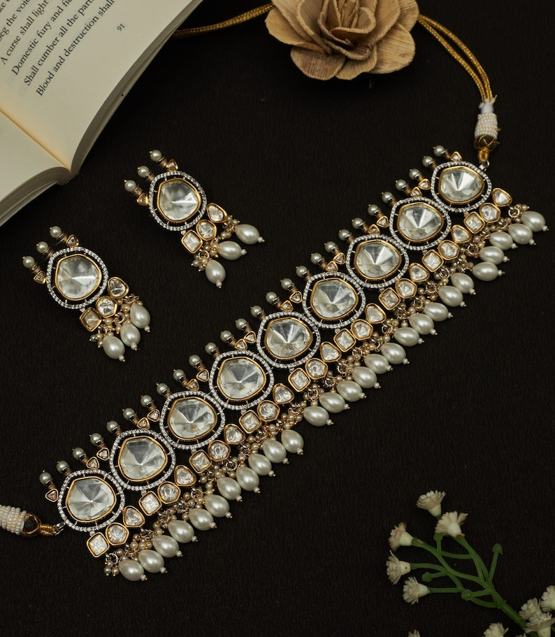Premium Sabyasachi & Tyaani Inspired silver foil Kundan with White beads Adjustable Choker Necklace Set (With earrings)