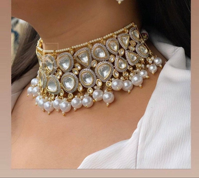 Premium Sabyasachi & Tyaani Inspired silver foil Kundan with White beads Adjustable Choker Necklace Set (With earrings) - Image 2