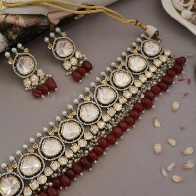 Premium Sabyasachi & Tyaani Inspired silver foil Kundan with Red beads Adjustable Choker Necklace Set (With earrings)