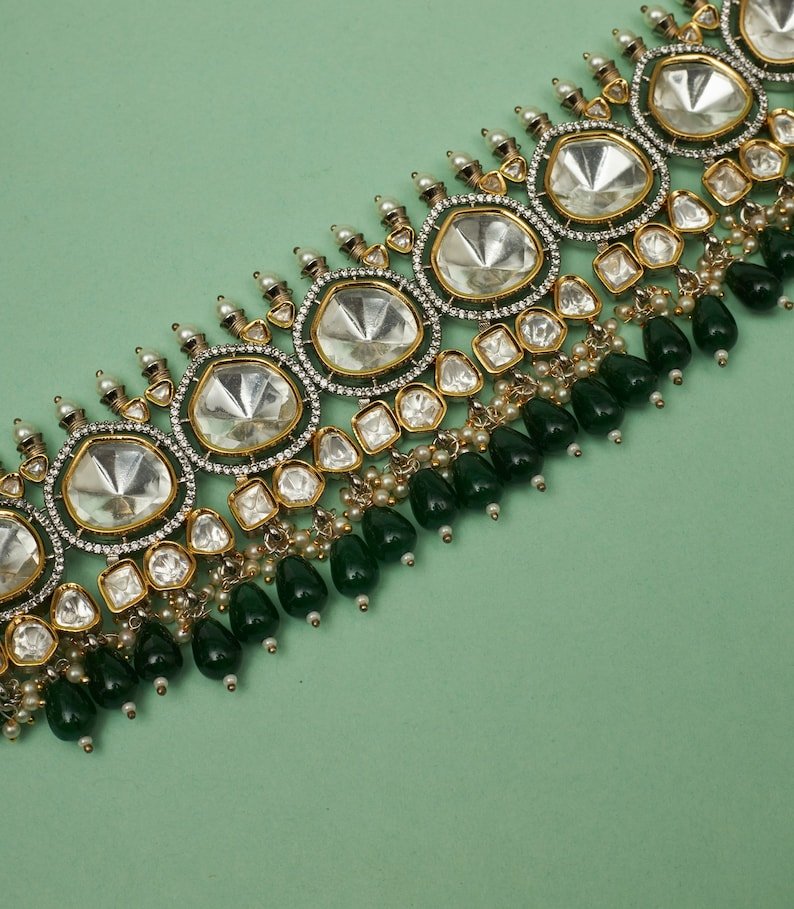 Premium Sabyasachi & Tyaani Inspired silver foil Kundan with emerald green beads Adjustable Choker Necklace Set (With earrings) - Image 2