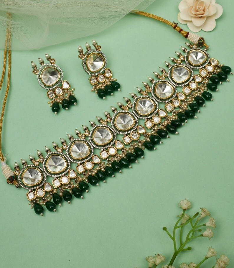 Premium Sabyasachi & Tyaani Inspired silver foil Kundan with emerald green beads Adjustable Choker Necklace Set (With earrings) - Image 4