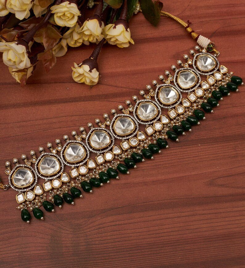 Premium Sabyasachi & Tyaani Inspired silver foil Kundan with emerald green beads Adjustable Choker Necklace Set (With earrings) - Image 3