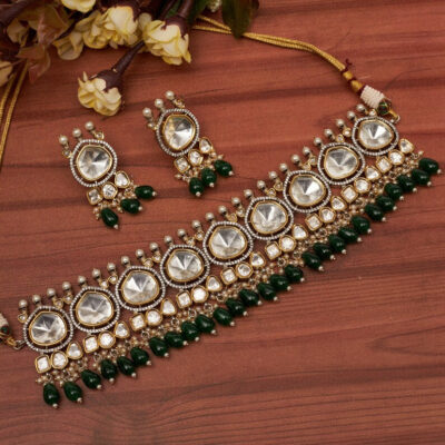 Premium Sabyasachi & Tyaani Inspired silver foil Kundan with emerald green beads Adjustable Choker Necklace Set (With earrings)