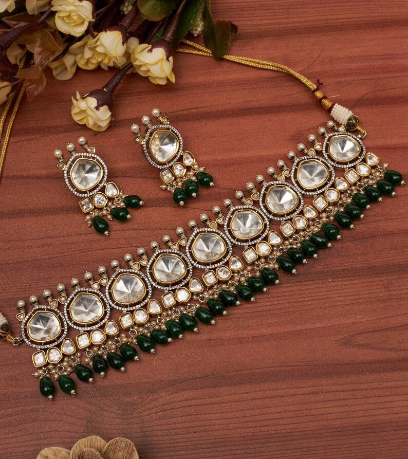 Premium Sabyasachi & Tyaani Inspired silver foil Kundan with emerald green beads Adjustable Choker Necklace Set (With earrings)
