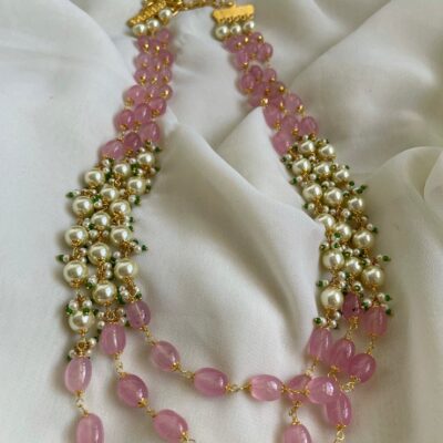 3 layer Pink bead maala with pearls