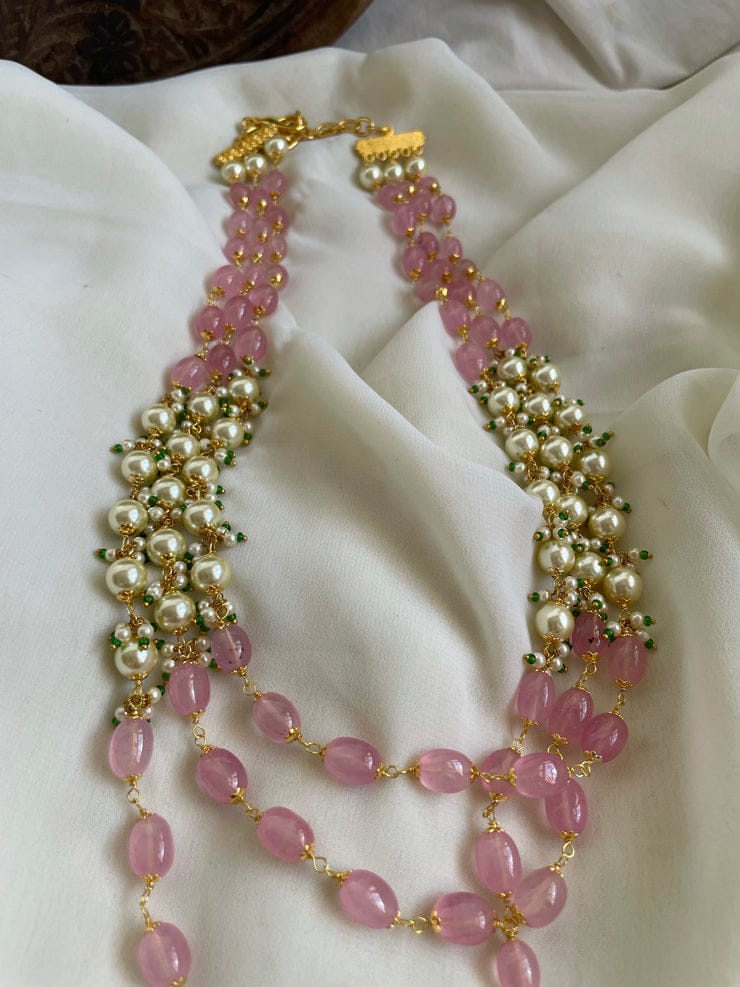 3 layer Pink bead maala with pearls