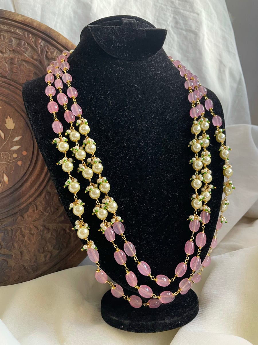 3 layer Pink bead maala with pearls - Image 2