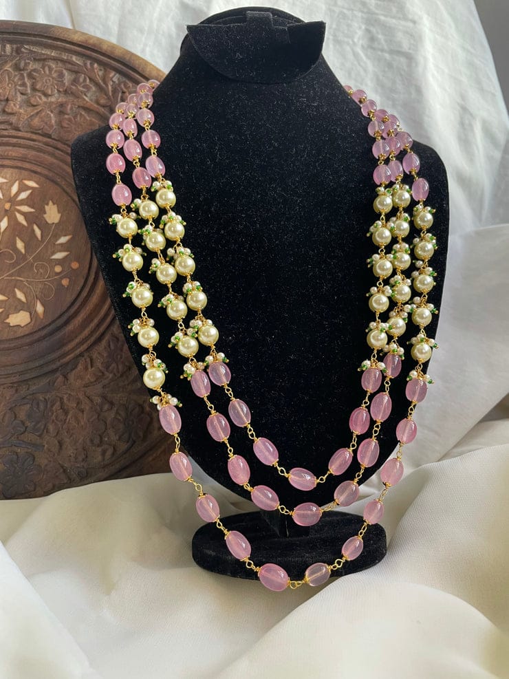3 layer Pink bead maala with pearls - Image 3