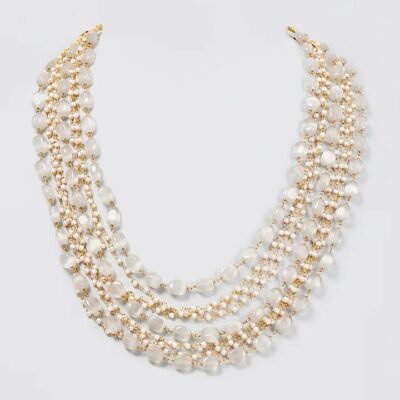 Gold Finish Off-White Beaded Long Necklace