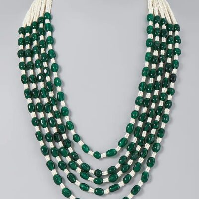 Green Beaded & Pearl Layered Necklace