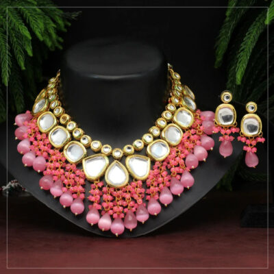 Pink Stone And Kundan Jewellery Necklace Set In Mix Metal
